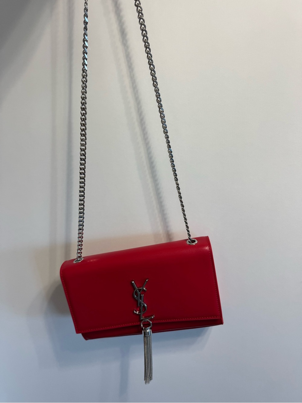 Red Shoulder Bag with Silver Hardware Kate tassel clutch YSL